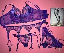 Victoria's Secret 36C CORSET TOP BRA SET garter L panty thong PURPLE STARSTRUCK