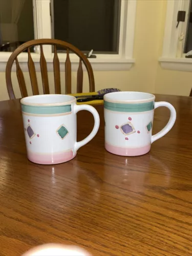 Vintage, Caleca, Coffee Mugs, Hand Painted,  Diamond Pattern, Made in Italy