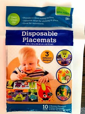 Disposable Placemats Easy Clean Up 10 count, 3 designs  12 x 18