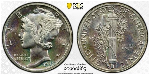 1942 PR66 Toned Mercury Dime PCGS
