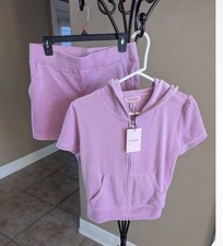 NWT Juicy Couture Velour Short Sleeve Hoodie  Shorts Set Watermelon Pink medium