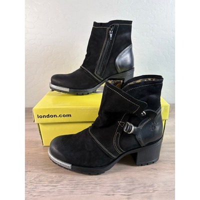 FLY LONDON Logger Lory048 Black Leather Oiled Suede Rug Ankle Boots chunky Studs