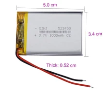 3.7V 1000mAh 3.7Wh Rechargeable Li Lipo Battery 523450 Li-ion JST 2pin Connector
