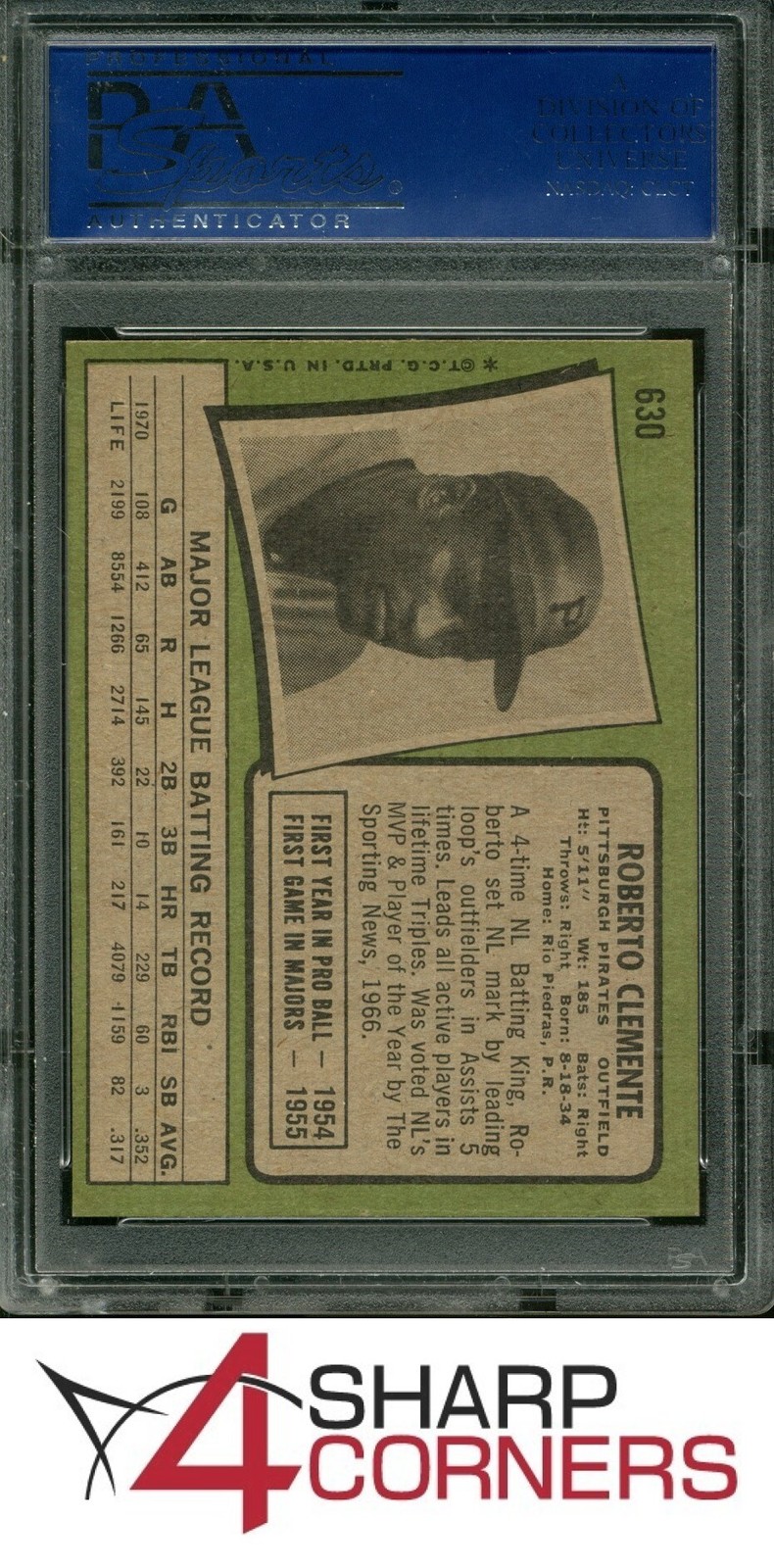1971 TOPPS #630 ROBERTO CLEMENTE PIRATES HOF PSA 7 view 2