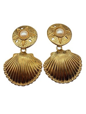 K.J.L. Earrings Shell Sand Dollar Royal Sea Clip Chunky Kenneth Jay Lane Gold A6