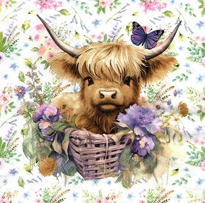(2) Two Paper Lunch Napkins for Decoupage/Mixed Media - Highland Calf in basket