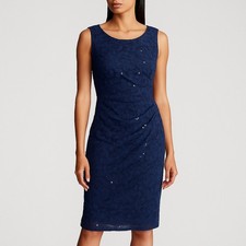 Lauren Ralph Lauren Navy Lace Sequin Sheath Dress Women's 8 Gathered Waist NWT