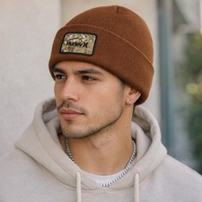 Hurley Men's Seaward Beanie One Size Icon Cuffed Knit Hat Brown New with Tags