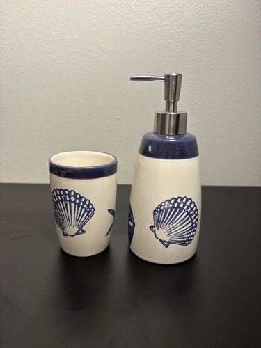 Kohl’s Ivory Coast Lotion Dispenser And Toothbrush Holder Seashells Ocean Fish - 第 1/8 張圖片