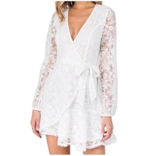 Lace Wrap Mini Dress Womens Size Small White Bridal Shower Bachelorette Coquette
