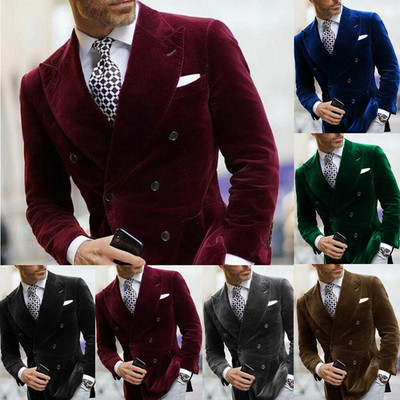Velvet Men's Suit Peak Lapel Double Breasted Smoking Jacket Dinner Blazer Tuxedo