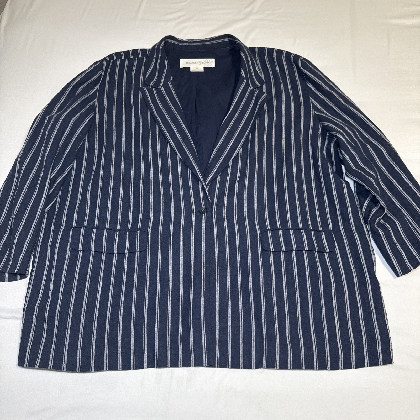 NEW Treasure & Bond Blazer Womens 3X Linen Blend Blue White Stripe Cotton Lined