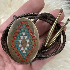 Vintage Brass Turquoise Coral Quartz Inlay New Mexico Southwestern Bolo Tie