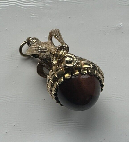 Vintage 9ct Yellow Gold Love Birds / Doves with Spinner Tigers Eye Fob / Pendant - Picture 5 of 6
