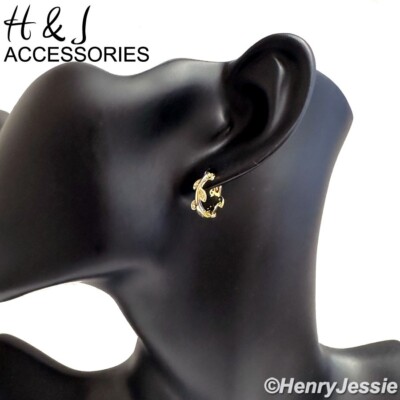 0.5''WOMEN 925 STERLING SILVER CZ GOLD PLATED 3D LEAF HUGGIE HOOP EARRING*AGE276