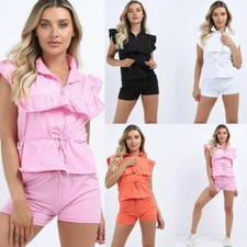 Women's Sleeveless Frilled Zip up Top Tie-Waist New Co-Ord Loungewear (UK 6-12)