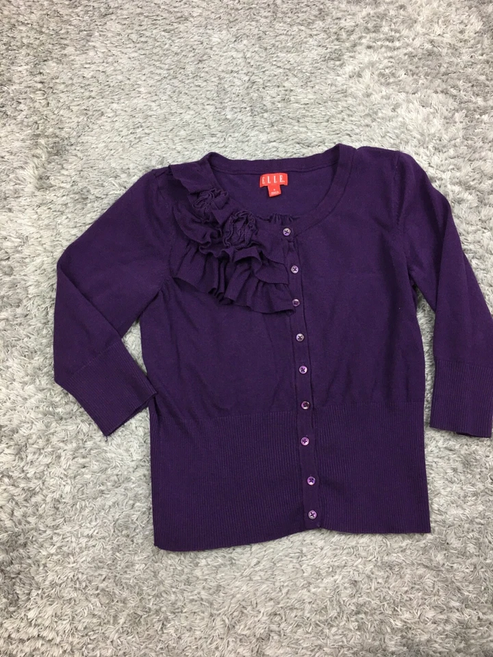 Elle Button Cardigan Sweater Womens Size XS Extra Small Purple 3/4 Sleeve - Imagem 3 de 4