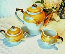 Vtg Yellow Teapot Set With Cream & Sugar  Floral Gold Gilding R3