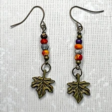 Bronze Tone French Hook Picasso Beads/Maple Leaf Charms Dangle Earrings. S087