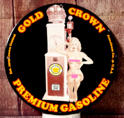 GOLD CROWN GASPUMP WITH GIRL PORCELAIN COLLECTIBLE, RUSTIC, ADVERTISING SIGN