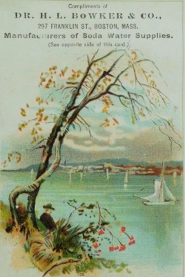1880's DR. H. L Bowker & Co Mfg. Soda Water Supplies Lake Scene Sailboat F98
