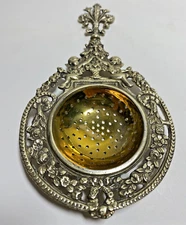 Vtg Brass Ornate Tea Strainer with Fleur De Lis And Cherub 6.5" Italy Infuser