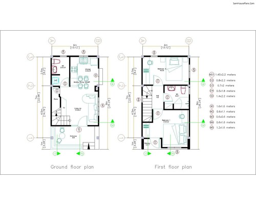 Plano de casa pequeña 4x7 M 13x23 pies 2 camas PDF plan completo (copia impresa A4) - Imagen 2 de 12