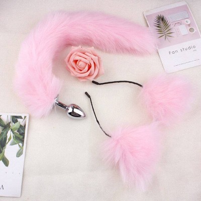 2pc Set Foxtail Wolftail Cat Ear Tail Headband Cute Cosplay Roleplay Fantasy USA