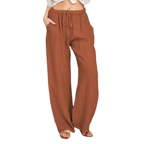 Women's Summer Drawstring Waist Wide Leg Loose Cotton Linen Palazzo Comfy Pants - Bild 42 von 43