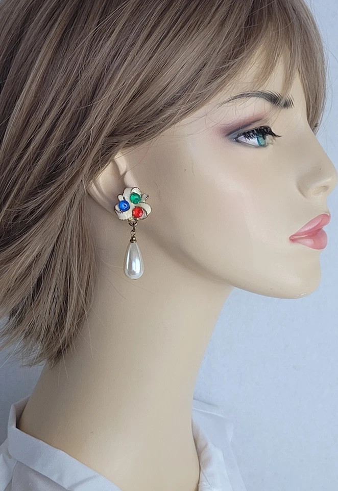 Pendientes de lágrima colgantes vintage con lazo crema verde azul rojo diamantes de imitación de perlas Foto 4 de 4