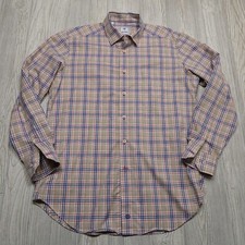 David Donahue Shirt Mens Large Blue Beige Plaid Button Up Cotton Dress Woven