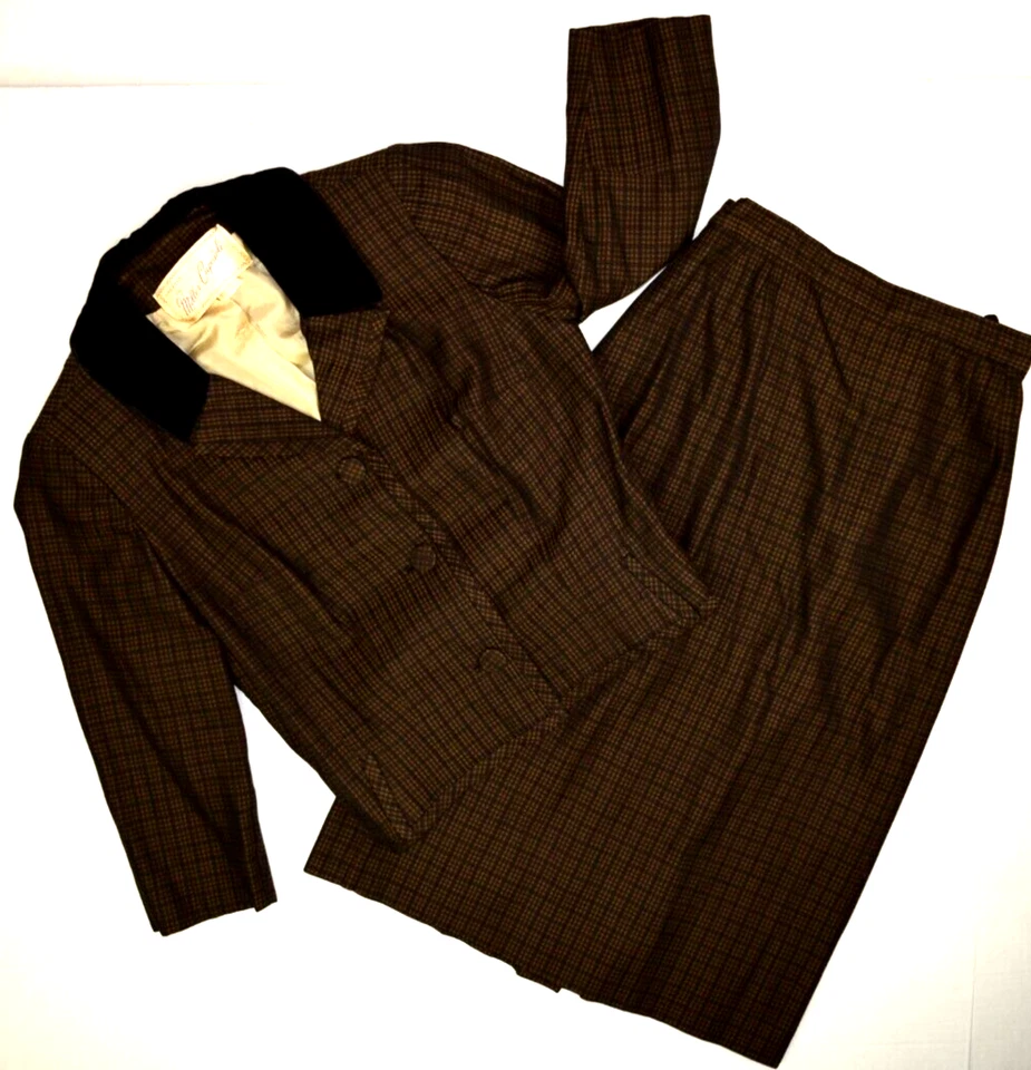 Vintage Plaid Skirt Suit W24" Size XS/S 40s Brown Bronze Cotton Velvet Collar - Image 4 of 4