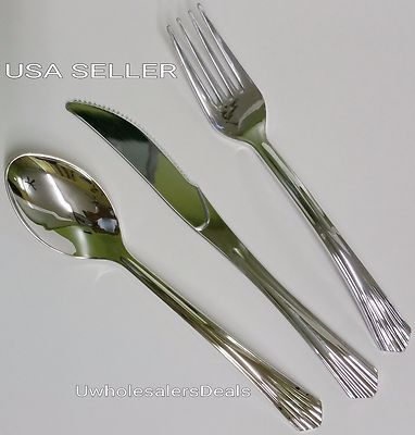 100 Sets Plastic Silver FORKS-SPOONS-KNIVES Cutlery Look of