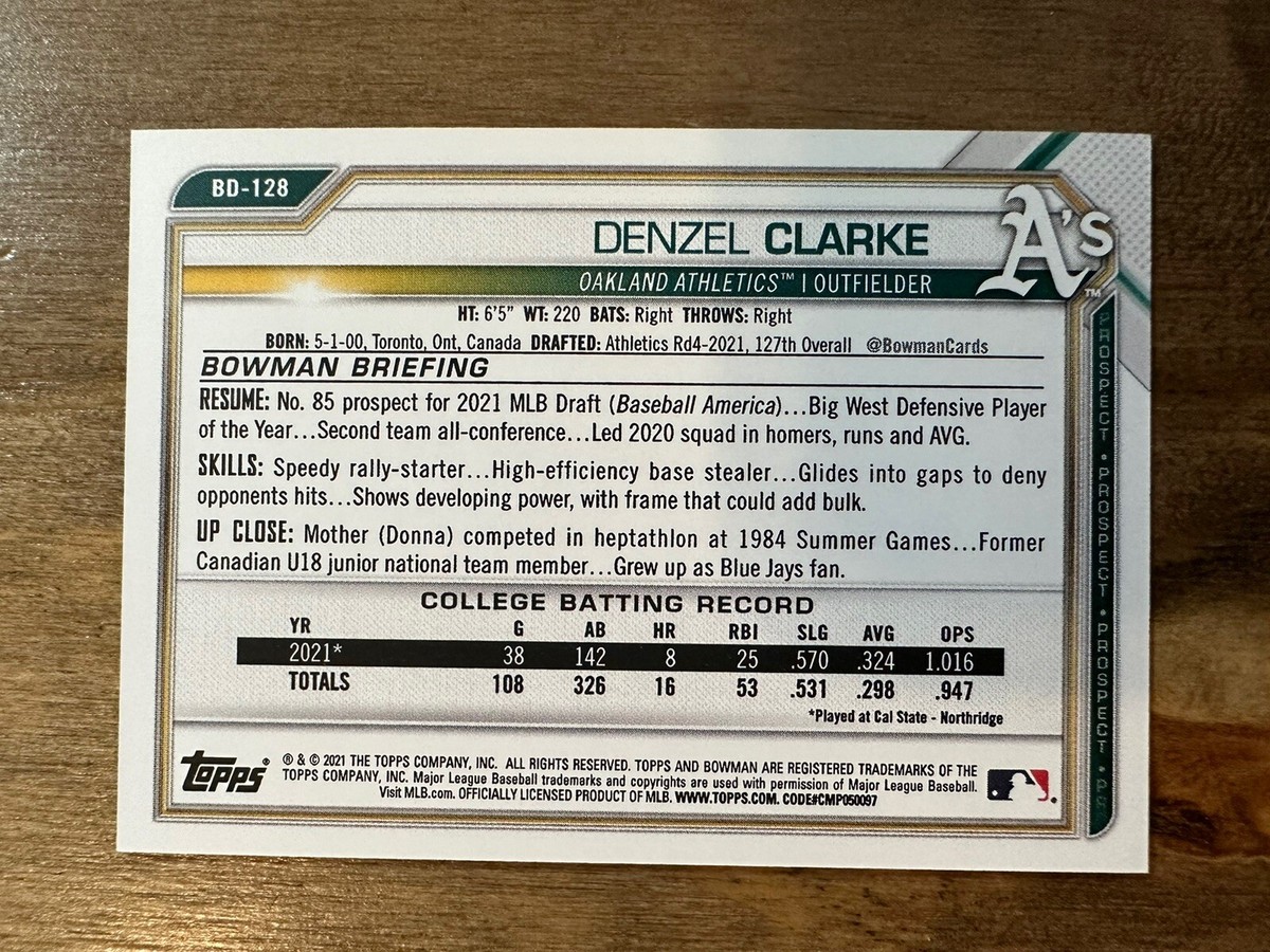 ドラフトキング　1-7     9-18 DENZEL CLARKE 2021 Bowman Draft 1st EDITION ROOKIE #BD-128
