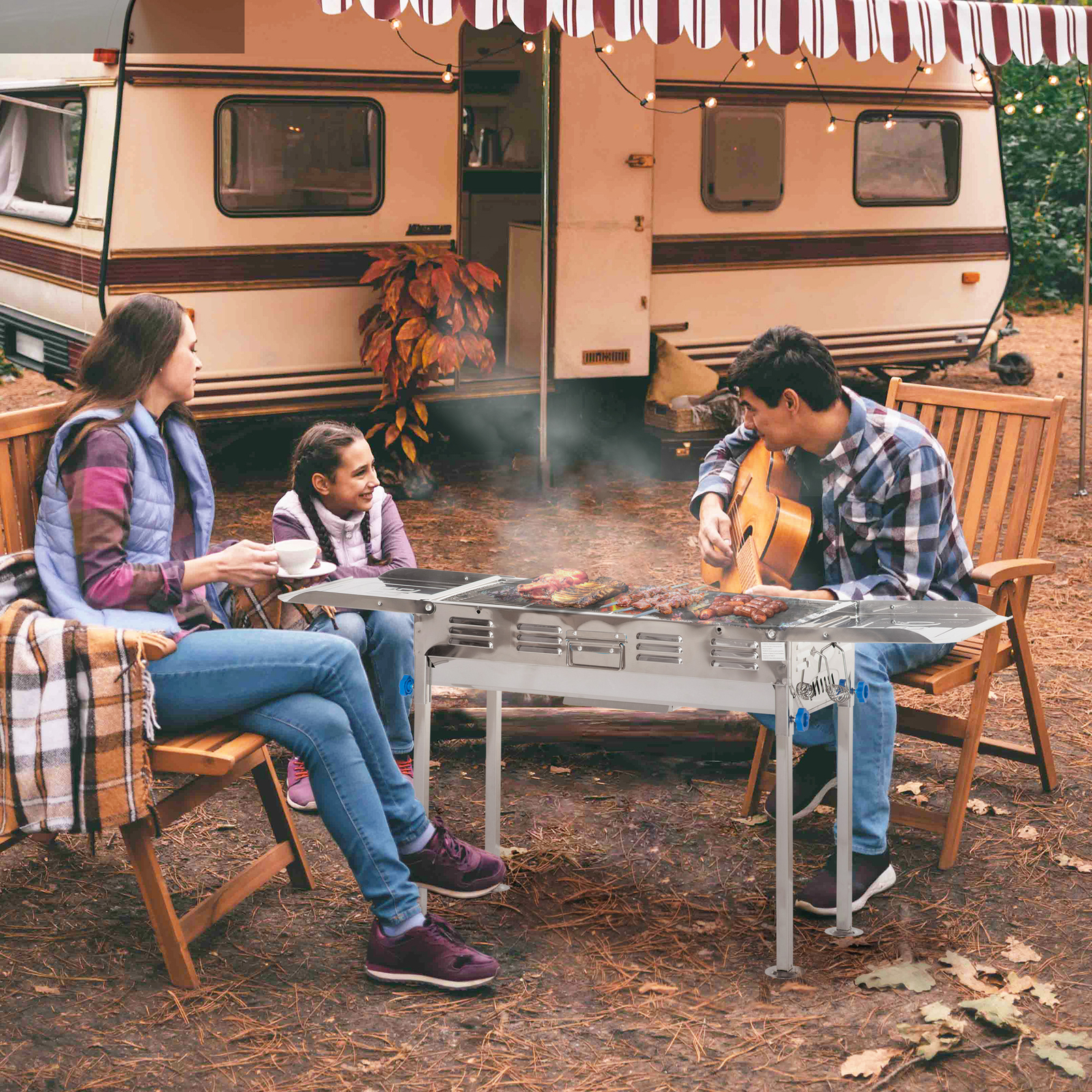 Barbacoa De Carbón Acero Inoxidable Con Altura Ajustable 2 Estantes Y Parrillas