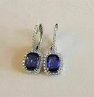 Womens Tanzanite 3Ct Cushion Halo Dangle Earrings 14K White Gold Silver Plated