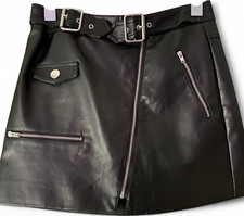 FOREVER 21 Black Faux Leather Mini Skirt Buckle Zipper Zip Closure Size S