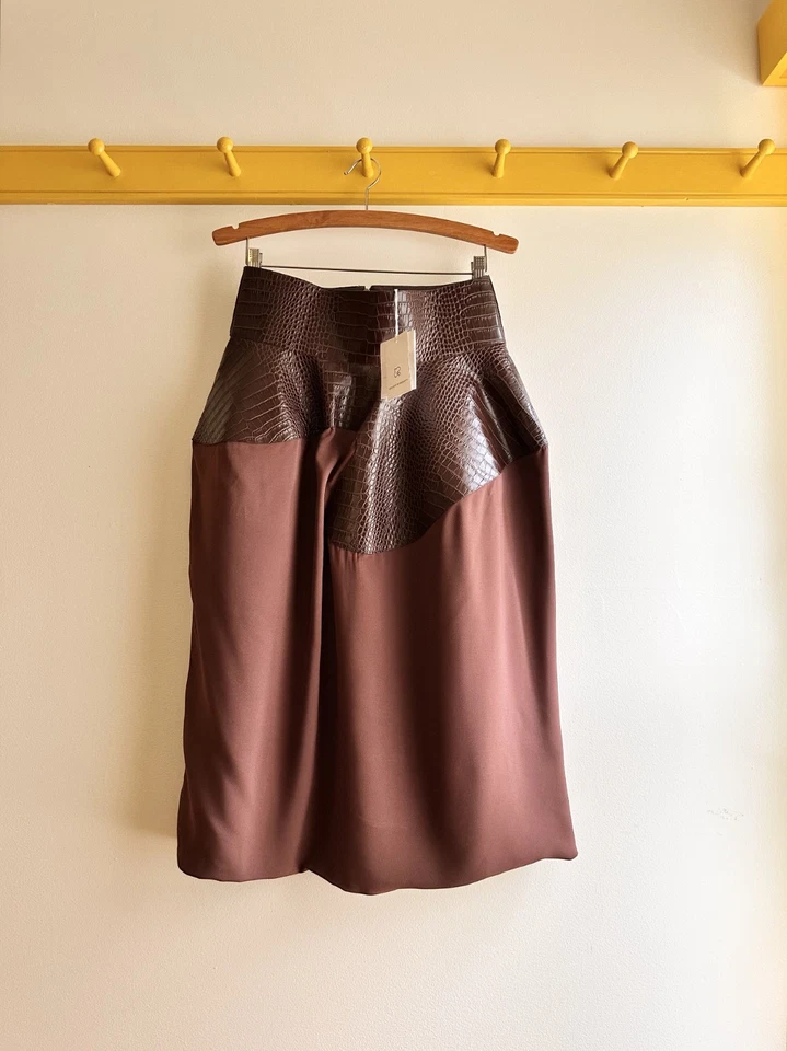 FALDA ONDA Niccolo Pasqualetti Cocodrilo Cuero Repujado Viscosa Crepé Nueva con Etiquetas Nueva $1100 Foto 2 de 4