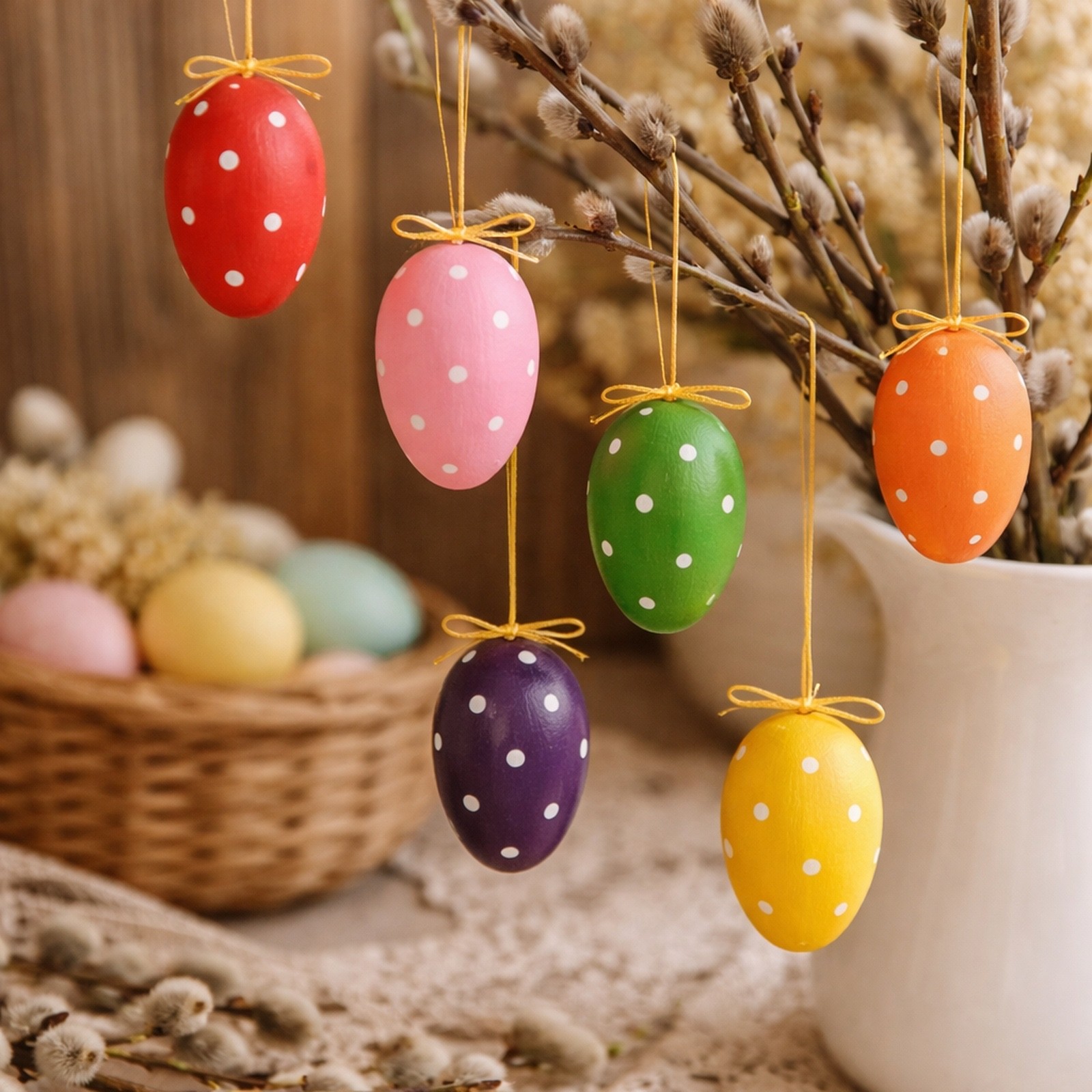 Easter Eggs Wooden 12pcs Polka Dot Hanging Eggs Easter Shrub Spring Decor Easter Decor