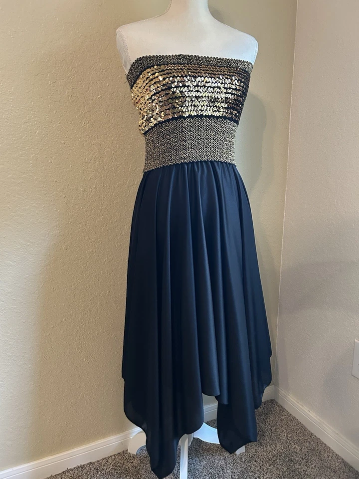 Vestido Disco Pañuelo Vintage Lentejuelas Dorado Y Negro Años 70 Talla S/M Foto 4 de 4