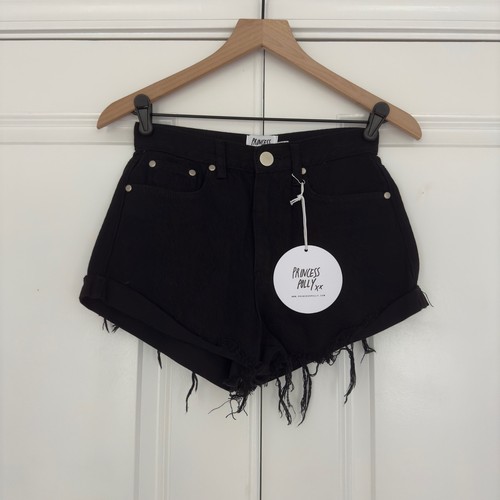 Princess Polly Eddie Highwaisted Shorts Black raw hem 5-pocket zip button cotton - Picture 11 of 11