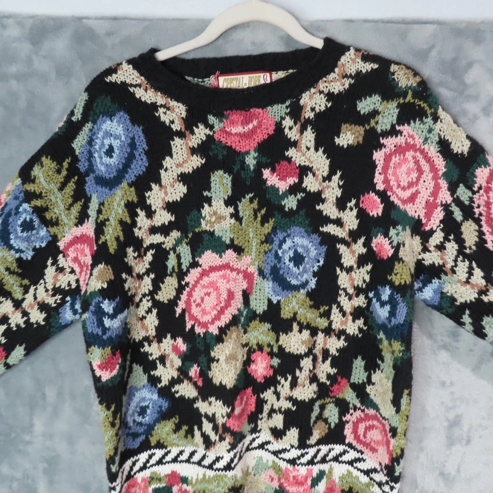 Suéter Vintage Crystal-Kobe Mujer Grande Negro Floral Ramie Algodón Cabaña Años 90 Foto 2 de 4