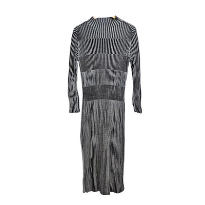Vestido COS Midi Azul Gris Grande Acanalado Mangas Largas Cuello Simulado Mezcla de Algodón * - Imagen 1 de 4
