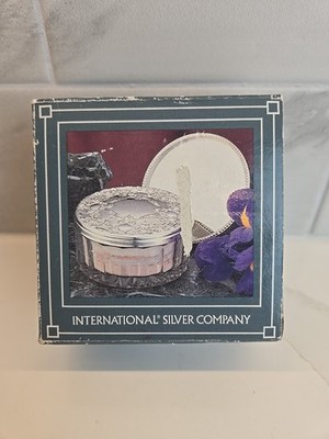 Vtg Vanity Powder Dresser Jar Round Glass Silver Plated Mirror Lid Trinket Box 