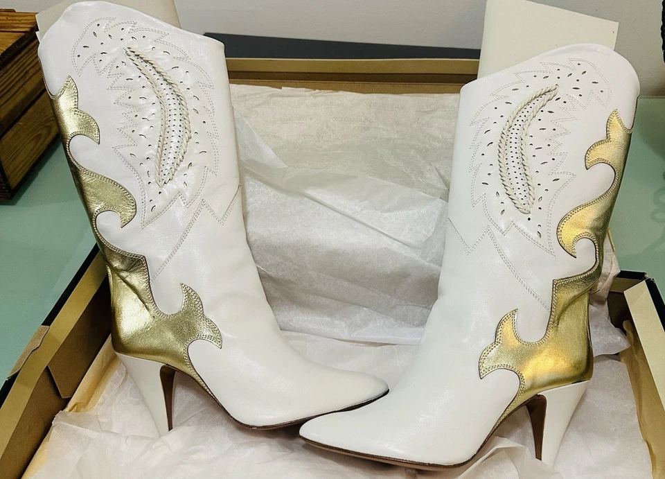 Botas de cuero blancas vintage años 80 Sacha London Gold Flames Rocker talla 8,5B para mujer Foto 3 de 4