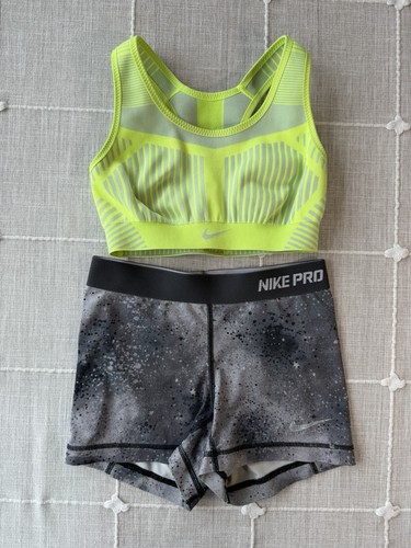 Nike Pro Set XS Sports Bra & Compression Shorts Women Neon Gray