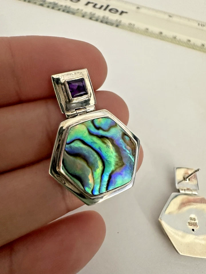 SAJEN 925 Sterling Silver Amethyst Paua Abalone Drop Earrings Signed Vintage - Изображение 2 из 4