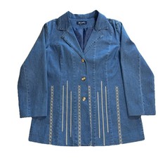 Denim Co Womens Blue Embroidered Denim Blazer Jacket Size L Floral Stitching