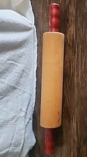 Wood Rolling Pin with Red Wood Handles 16 Inches Vintage Mid Century