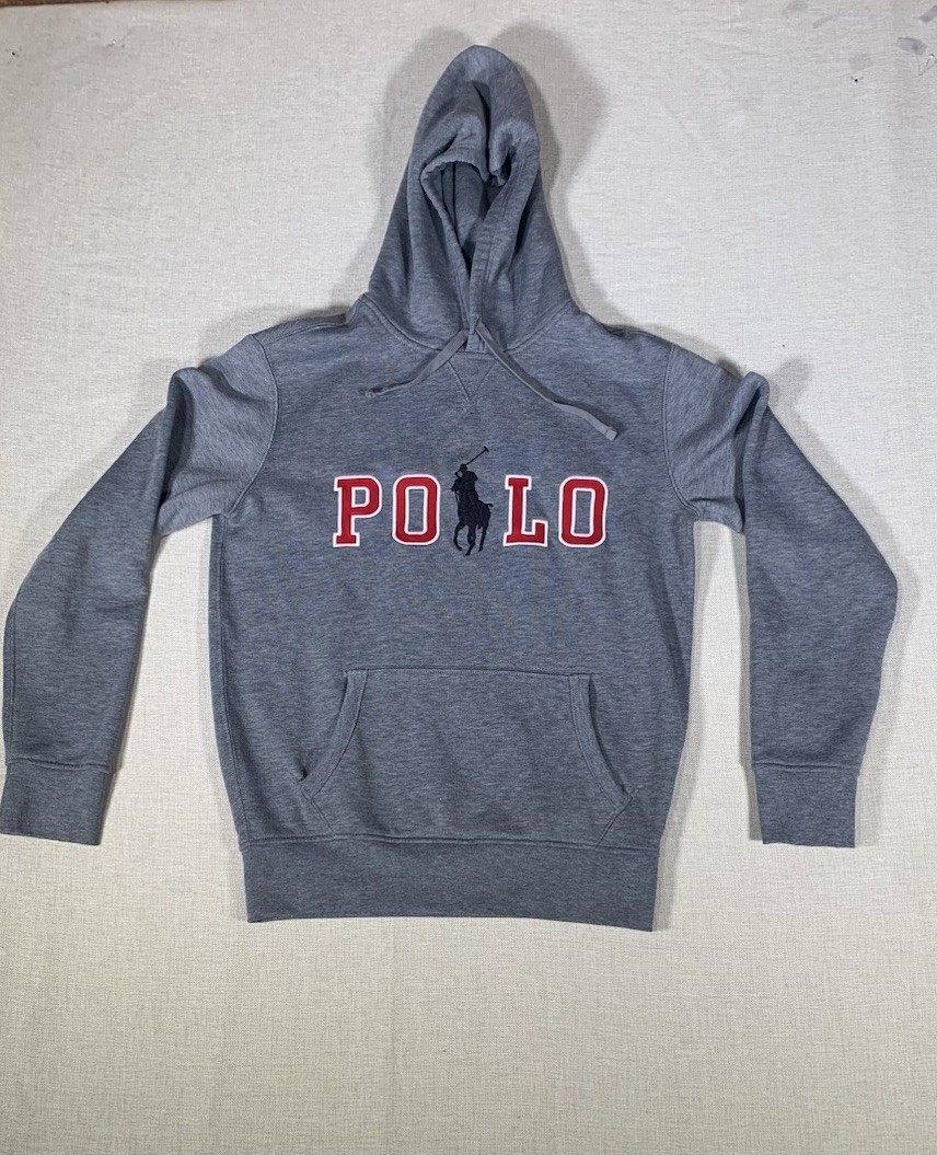 Nuova Polo Ralph Lauren Big Pony Uomo Grigio Pullover Felpa con Cappuccio Scritta sul Petto